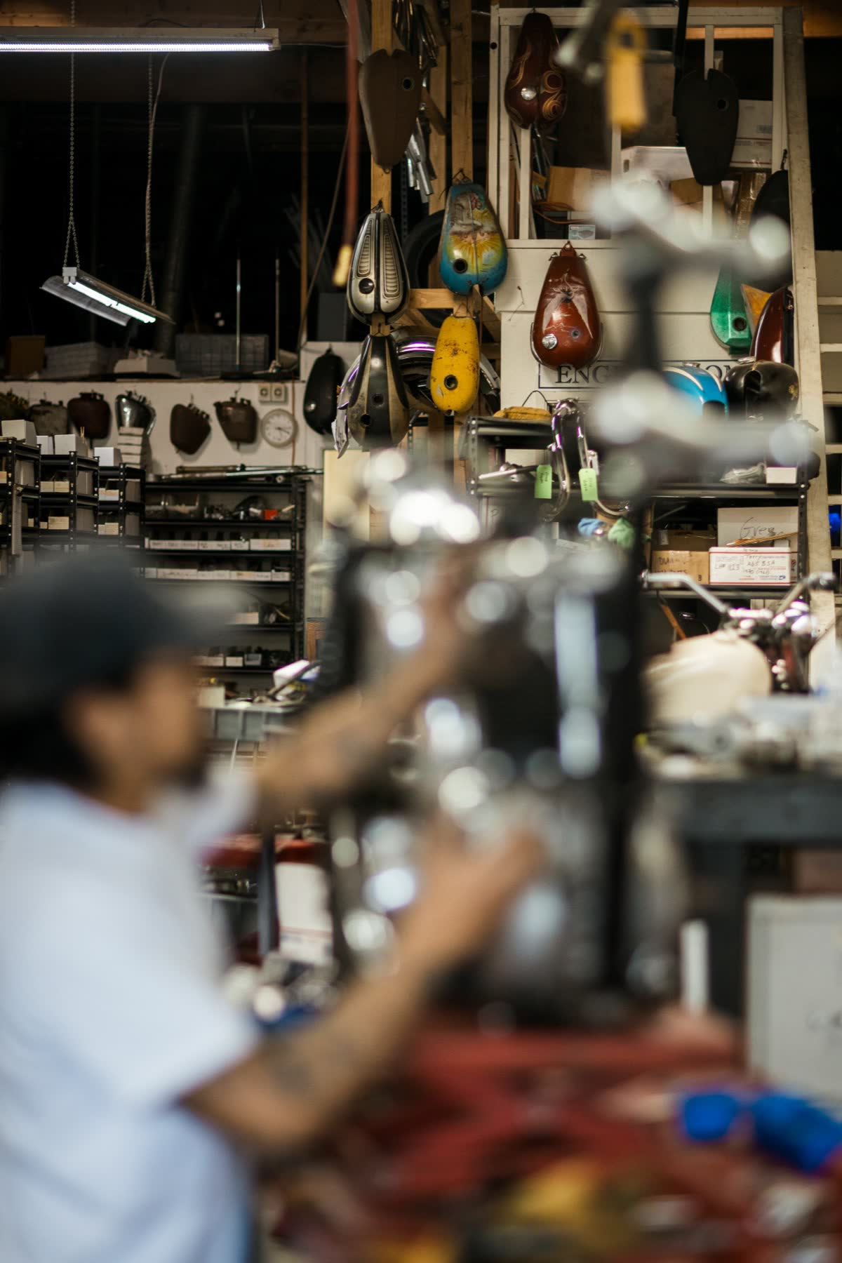 Triumph engine on the bench in the engine room at Le Hangar 23